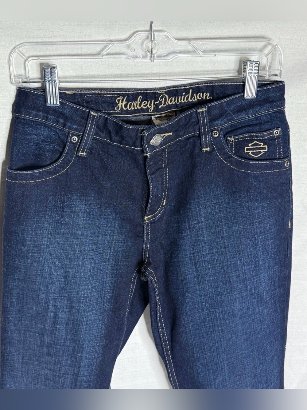 Harley Davidson Womens Bootcut Leg Dark Wash Whiskers Jeans Blue 4 - Picture 2 of 12